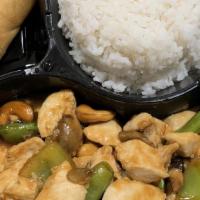 Chicken With Cashew Nuts · Diced chicken, bell pepper, mushroom, sweet peas & cashew nuts in brown sauce.