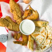 Rip Curl Platter · Half cheese quesadilla, four hot wings, two chicken strips, and two Baja sticks, served with...