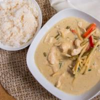 Green Curry · Coconut milk with green beans, bamboo shoots, basil and red bell peppers.