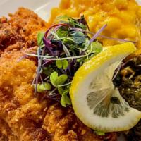 Southern Fried Catfish · Three cheese baked mac and cheese with smoked turkey collard greens.