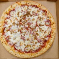Meat Lovers Pizza · Tomato sauce, mozzarella cheese, pepperoni, bacon, ham and Italian sausage.