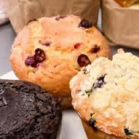 Muffin · Choice of Double Chocolate, Cinnamon Chips, Blueberry, Cranberry.