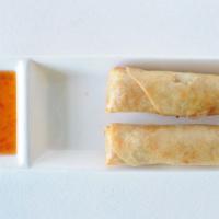 Pork Spring Rolls · Two pcs of deep fried spring rolls filled with pork, bean thread noodles, and vegetables ser...