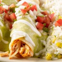 Tomatillo Enchiladas · 460-420 cal. Two chicken tinga or spinach and mushroom enchiladas topped with tomatillo sauc...