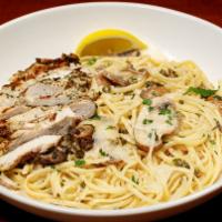 Chicken Piccata · Grilled, marinated chicken breasts served over homemade lemon parmesan cream sauce with cape...