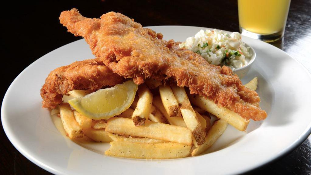 Fish & Chips · Light and flaky white fish, boulevard wheat beer battered and fried to a golden brown. Served with french fries, coleslaw and lemon-caper aioli.