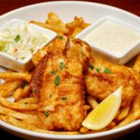 Fish And Chips · Boulevard Wheat beer-battered cod fried to a golden brown.  Served with french fries, creamy...