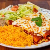 Enchiladas · 4 tortillas stuffed with shredded chicken and topped with red or green sauce, melted cheese ...