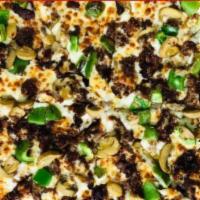 Philly Steak White Pizza · Fresh mushrooms, marinated steak green peppers, special blend of Mozzarella cheese & our own...