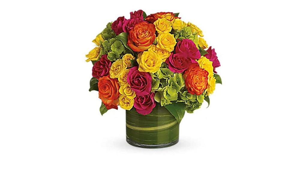 Blossoms In Vogue · Best seller. Blow someone away with a bouquet that has so much style… all it needs is its own runway. Brilliant green hydrangea, hot pink and bi-color roses, hot pink and yellow spray roses and greens are hand-delivered in stunning style: a wide cylinder vase that's been elegantly lined with leaves. This bouquet is a singular sensation!