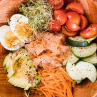 Smoked Salmon Bowl · arugula, avocado, smoked salmon, cherry tomatoes, cucumber, egg, carrots, sprouts, Zen Seaso...