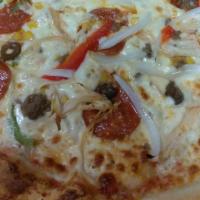 Pizza Market · Ham, Pepperoni, Mushrooms, Chicken, Beef, Peppers, Onions, Tomatoes, Black olives, Sauce and...
