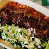 Barbacoa Bowl · Lettuce, rice, beans, cheese, sour cream and pico de gallo (Beef and Spicy)