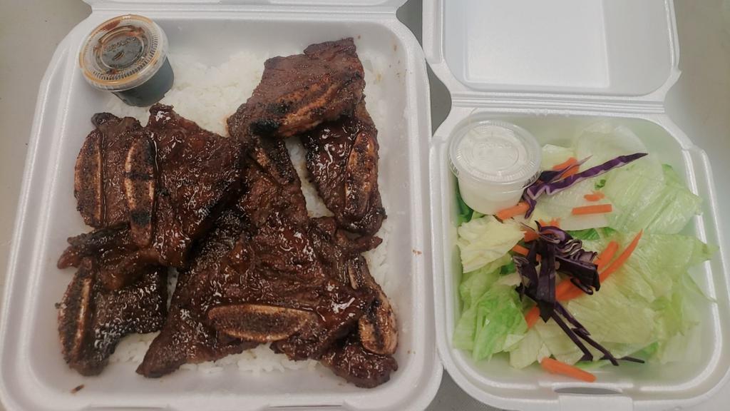Galbi Plate · Beef short ribs. Served with rice and salad