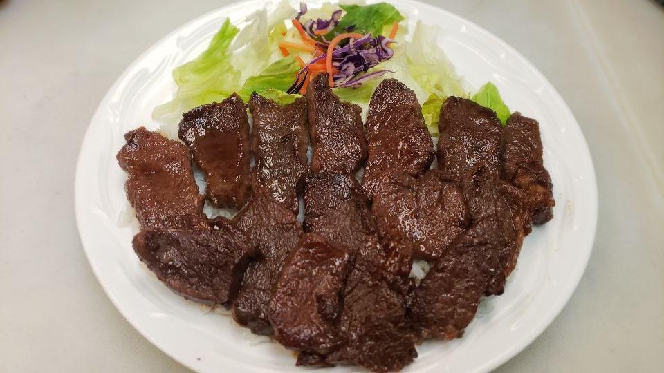 Beef Steak Plate · Served with rice and salad