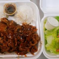 Chicken And Spicy Pork Combination · Served with rice and salad