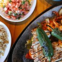 Fajita Chicken&Shrimp For 2 · Marinated and grilled Fajita Chix & Shrimp, served with caramelized onions and green & red p...