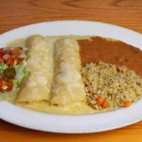 Enchiladas Chicken [Gs] · Hand-pulled chicken and Monterey Jack cheese, your choice of sauce: chile verde, green chili...