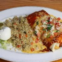 Burrito Chicken · Flour tortilla stuffed with refried beans, hand-pulled chicken,  Monterey Jack and cheddar c...