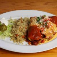 Chimichangas Mini-Chicken · Two crispy flour tortillas with hand-pulled chicken with red chile sauce