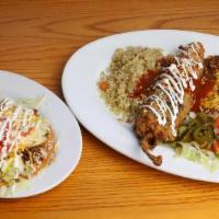 Combination Vaca Real · Beef Enchilada with chile con carne, beef chile relleno with red chile sauce and beef tostad...