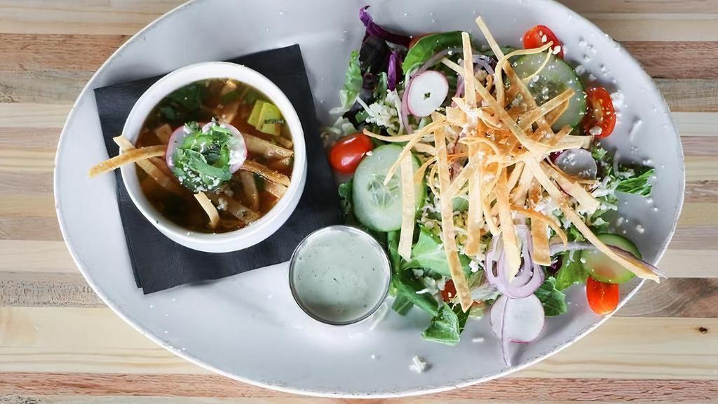 Salad & Soup Combo [Gs] · Regular Ensalada de Casa with a cup of Tortilla Soup.. Can be prepared Gluten Free upon Request.  Online Orders select the Make it GF! modifier.