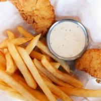 Kid Chicken Tenders · Two golden fried chicken tenders with ranch dressing. Served with your choice of french frie...