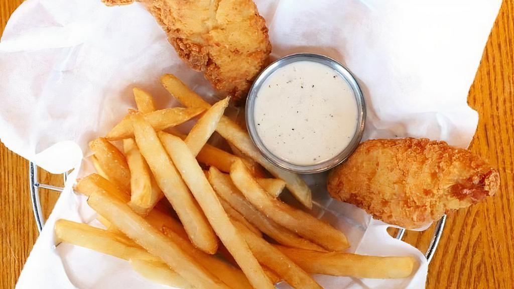 Kid Chicken Tenders · Two golden fried chicken tenders with ranch dressing. Served with your choice of french fries, apple sauce or green chile rice and refried beans.