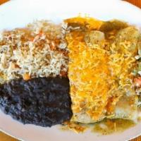 Enchilada Verdes Veg Beef [Gs] · Two corn tortillas rolled with your choice of filling. Vegan Taco Meat and cheddar cheese.  ...