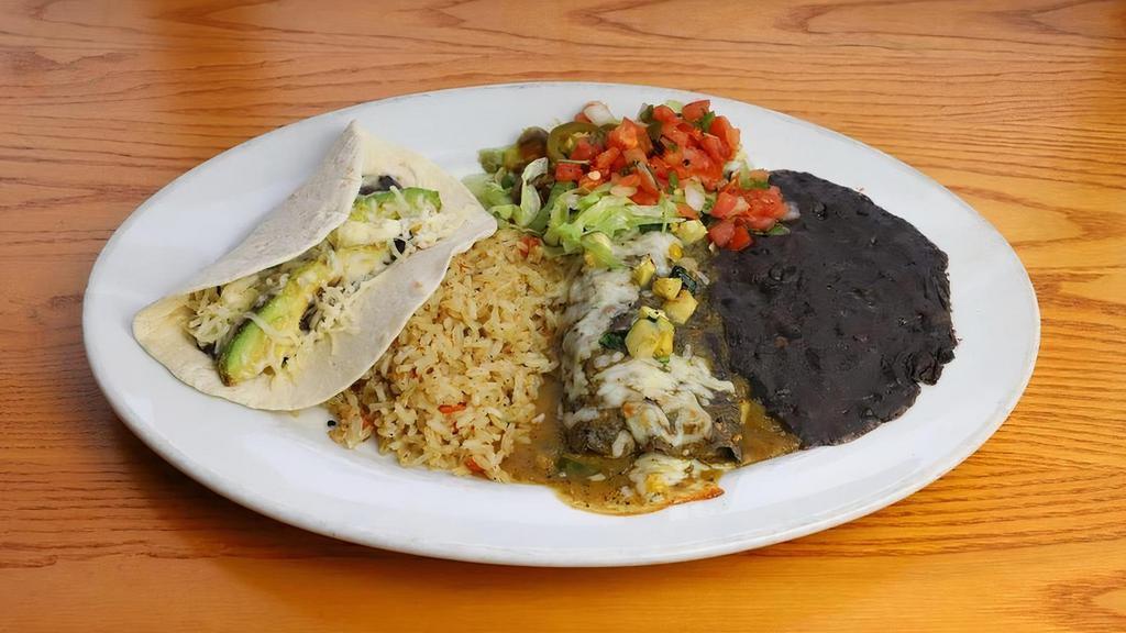 Combination Antonio · Grilled Veggie Enchilada with chile verde sauce and a Veggie Taco. Served with mashed black beans. [vegetarian]  [MAKE IT VEGAN - removes any cheese, queso or sour cream]