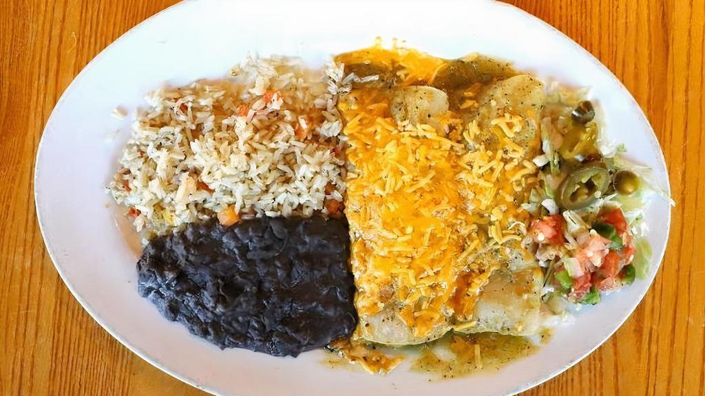 Enchilada Verdes Veg Chick'N · Two corn tortillas rolled with vegan taco meat or vegan green chile chick'n and cheddar cheese with chile verde sauce. [vegetarian]  [MAKE IT VEGAN - removes any cheese, queso or sour cream]