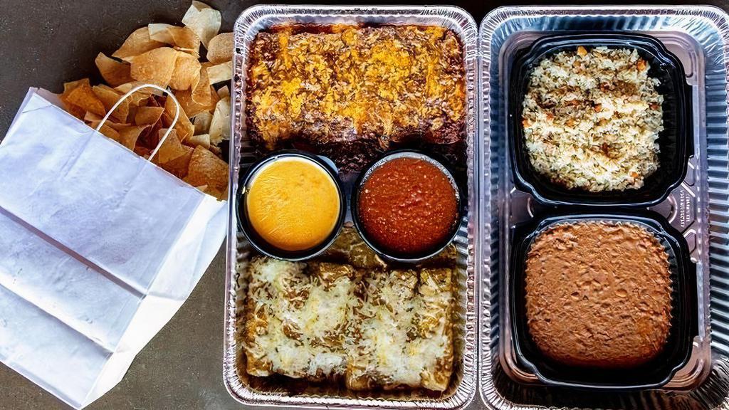 Roja Family Enchilada Meal For 4 · Enchiladas for 4 (8 enchiladas). Choose your protein and sauce.  All meals served with chips, salsa, queso, refried beans, and Green Chile Rice. Family meals are available for takeout only.