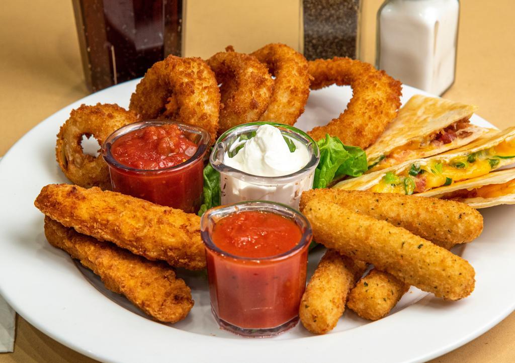The Newport Creamery Appetizer Sampler · A mouthwatering array of our most popular appetizers. Includes Mozzarella Sticks, Onion Rings, Chicken Tenders & Cheese Quesadilla