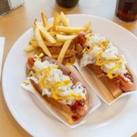 2 Creamery Dog Special · Two hot dogs with onions, mustard, Newport Creamery’s own Red Pepper Relish and sauerkraut.