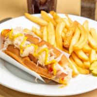 Creamery Dog · A hot dog with onions, mustard, Newport Creamery’s own Red Pepper Relish and sauerkraut.