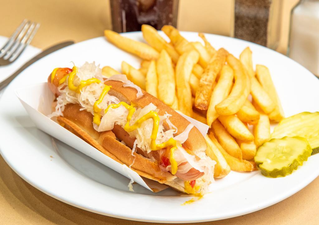 Creamery Dog · A hot dog with onions, mustard, Newport Creamery’s own Red Pepper Relish and sauerkraut.