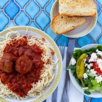 Spaghetti & Meatball (Deluxe) · Spaghetti and Meatballs with garlic bread and Greek salad.