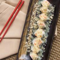 Munch Roll · Spicy crab topped with ebi and tempura flake and wasabi mayo sauce