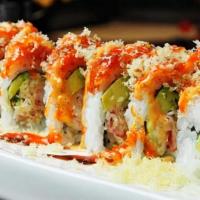 Sushi Master Roll · Spicy crab, shrimp Tempura and avocado topped with spicy tuna, Tempura flake, spicy mayo and...