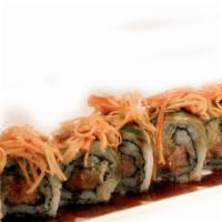 Nin Ja Roll · Salmon and tempura flake topped with spicy crab, avocado and eel sauce