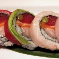 Kentucky Roll · Tuna, salmon and asparagus topped with tuna, yellow tail and avocado