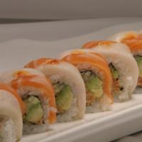 Princess Roll · Spicy crab, cucumber and avocado topped with salmon and white tuna