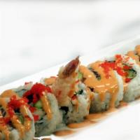 All Town Roll · Shrimp tempura, Avocado and Asparagus topped with masago  and spicy mayo, eel sauce