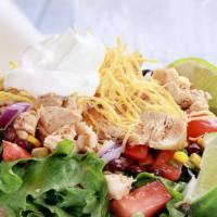 Chicken Tostada Salad · Grilled free-range chicken breast, romaine, avocado, jack and cheddar cheese, pinto beans, s...
