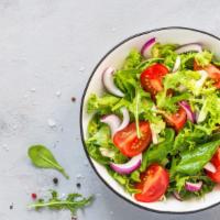 Mixed Baby Greens Salad · Fresh cucumbers, tomatoes, shaved carrots on a bed of mixed greens.