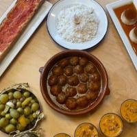 Menu Del Dia De Albondigas · This feast serves up to four and features: Albondigas con Arroz, Olivas, 4 Vasos de Gazpacho...