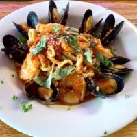 Seafood  Fra Diablo · shrimp, mussels, calamari , in a spicy, tomato sauce,parsley basil,over linguine pasta