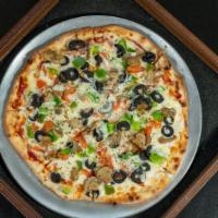 Vegetarian Pizza · Cheese, marinara sauce, green peppers, mushrooms, tomatoes, black olives, and special season...