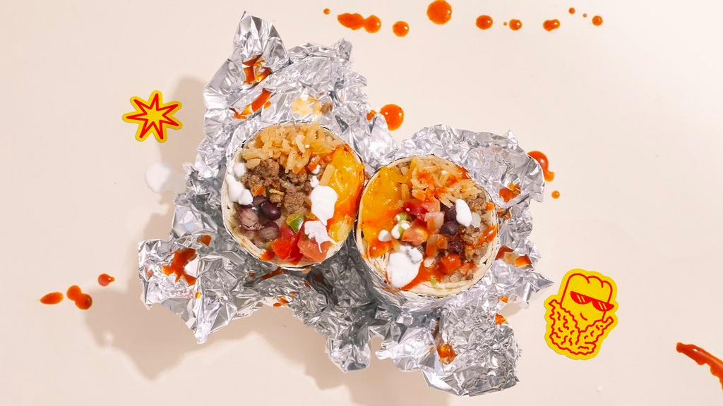 Ground Beef Wham! Burrito · House burrito with ground beef, Mexican rice, black beans, pico de gallo and salsa.