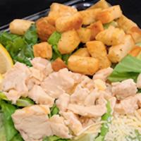Chicken Caesar Salad · Romaine lettuce, diced chicken, shredded parmesan cheese, lemon wedges and croutons with cho...